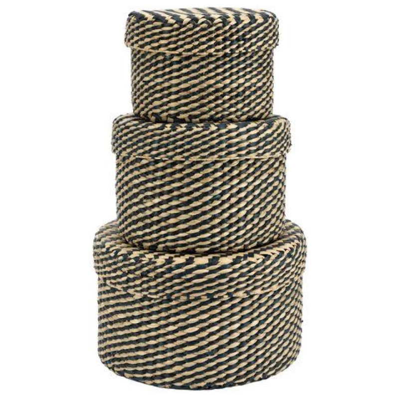 El Puente Körbe mit Deckel, 3er-Set Seegras, natur/blau, 19 x 12 cm, 16 x 10,5 cm und 13 x 9 cm