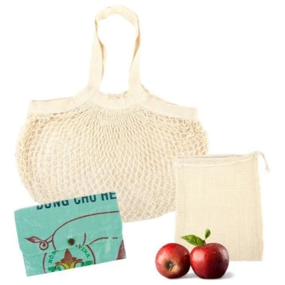 El Puente Zero Waste Shopping Geschenk-Set mit Einkaufsnetz, Gemüsebeutel und einem recyceltem Täschchen aus Reissäcken
