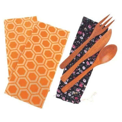 El Puente Zero Waste "To-Go" Geschenk-Set mit Bienenwachstüchern und Holz Besteck