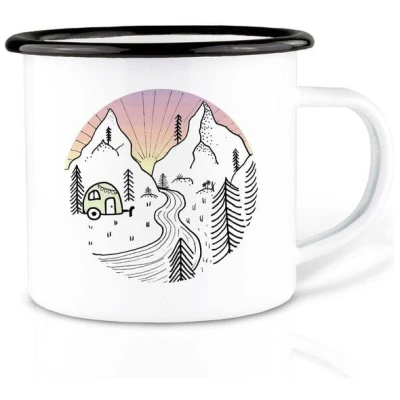Emailletasse "Camping Day and Night" von LIGARTI | 300 oder 500 ml | handveredelt in Deutschland | Cup, Kaffeetasse, Emaillebecher, Camping Becher