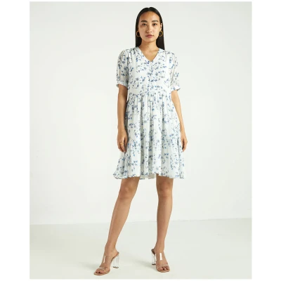 Floral Tiered Midi Dress - White Blue