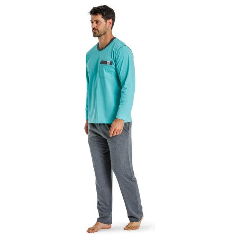 Haasis Bodywear Herren Pyjama lang mit Seitentaschen, Single Jersey, reine Bio Baumwolle