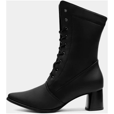 High Lace Up Heeled Pointed Boots Black Vegan Cactus Leather