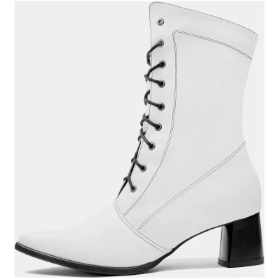 High Lace Up Heeled Pointed Boots White Vegan Cactus Leather
