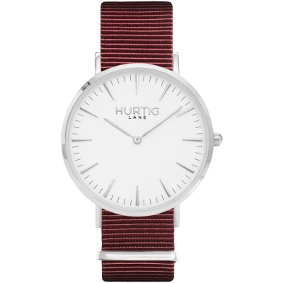 Hurtig Lane Damen vegan Uhr Montezuma Nylon Nato Silber Weiß & Burgund Damen