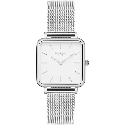 Hurtig Lane Damen vegan Uhr Neliö Edelstahl Silber Weiß & Silber