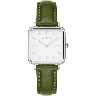 Hurtig Lane Damen vegan Uhr Neliö Square Cactus Leder Silber, Weiß & Grün