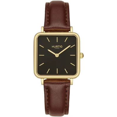 Hurtig Lane Damen vegan Uhr Neliö Square Gold Schwarz & Dunkelbraun
