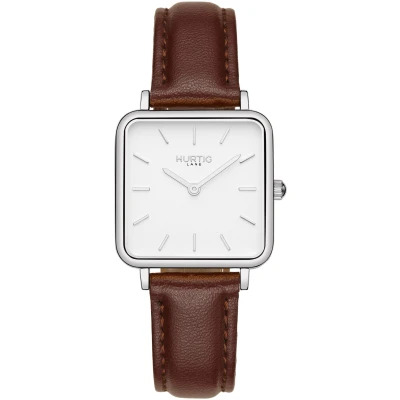 Hurtig Lane Damen vegan Uhr Neliö Square Silber Weiß & Dunkelbraun