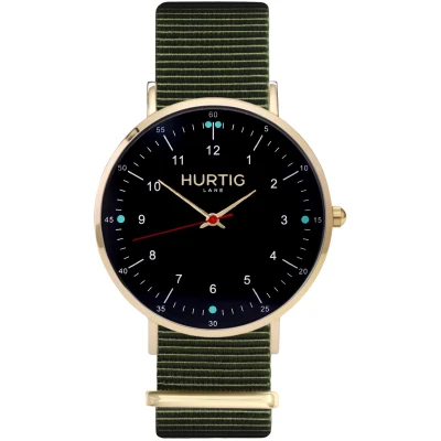 Hurtig Lane Herren vegan Moderna Nato Uhr Gold, Schwarz & Olivgrün