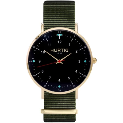 Hurtig Lane Herren vegan Moderna Nato Uhr Gold, Schwarz & Olivgrün