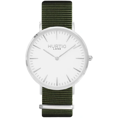 Hurtig Lane Herren vegan Uhr Montezuma Nylon Nato Silber Weiß & Olivgrün