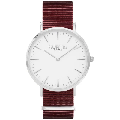Hurtig Lane Herren vegan Uhr Montezuma Nylon Nato Silver White & Maroon
