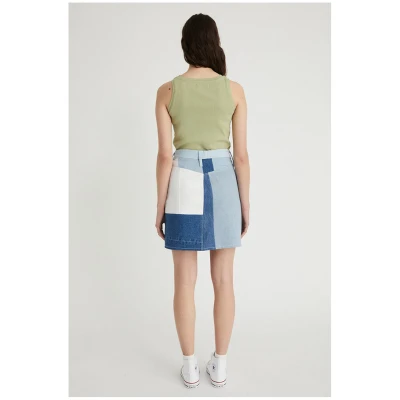 Infinitdenim Damen vegan Kurzer Rock Upcycled Weiß & Blau