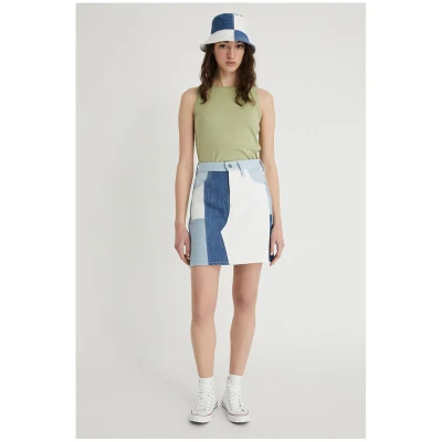 Infinitdenim Damen vegan Kurzer Rock Upcycled Weiß & Blau