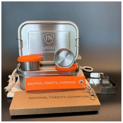 JN JuNiki's 2-er Set: je 2 JuNiki's® eco line Edelstahl Lunchbox Brotdose + Trenner + Dipper + 1 Filzschlüsselanhänger "Nachhaltigkeitschampion" als Gratiszugabe