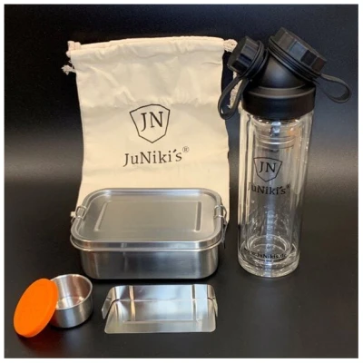 JN JuNiki's Geschenk-Set: JuNiki's® Lunchbox + doppelwandige Glasflasche mit Trinköffnung und Edelstahl-Teefilter - ideal für die Teepause