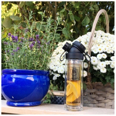 JN JuNiki's Geschenk-Set: JuNiki's® Lunchbox + doppelwandige Glasflasche mit Trinköffnung und Edelstahl-Teefilter - ideal für die Teepause