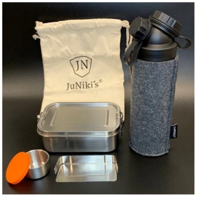 JN JuNiki's Geschenk-Set: JuNiki's® Lunchbox + doppelwandige Glasflasche mit Trinköffnung und Edelstahl-Teefilter und Filzhülle - ideal für die Teepause
