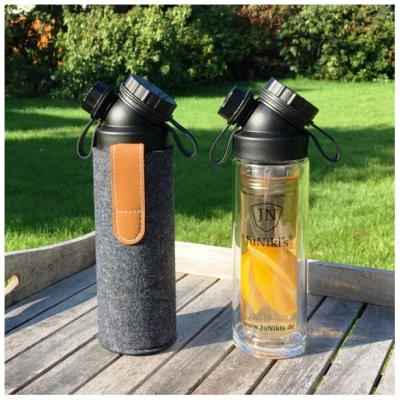 JN JuNiki's Geschenk-Set: JuNiki's® Lunchbox + doppelwandige Glasflasche mit Trinköffnung und Edelstahl-Teefilter und Filzhülle - ideal für die Teepause