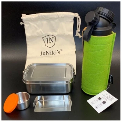 JN JuNiki's Geschenk-Set: JuNiki's® Lunchbox + doppelwandige Glasflasche mit Trinköffnung und Edelstahl-Teefilter und Wollfilzhülle - ideal für die Teepause