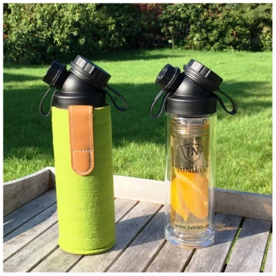 JN JuNiki's Geschenk-Set: JuNiki's® Lunchbox + doppelwandige Glasflasche mit Trinköffnung und Edelstahl-Teefilter und Wollfilzhülle - ideal für die Teepause