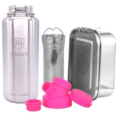 JN JuNiki's Set "Blume des Lebens": Lunchbox + 1 Liter Edelstahltrinkflasche + Teefilter