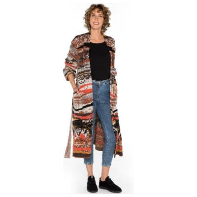 Jacquard-Strickmantel im Ethno-Stil aus reiner Bio-Merinowolle, nougat gemustert 36/38