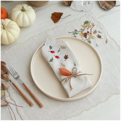Linen Napkins Autumn Leaves Embroidery (Set of 2)