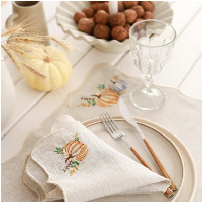 Linen Napkins Autumn Pumpkin Embroidery (Set of 2)