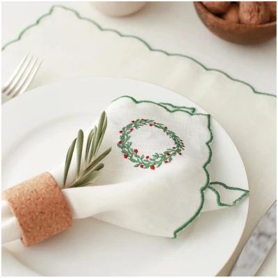 Linen Napkins Christmas Wreath Embroidery (Set of 2)