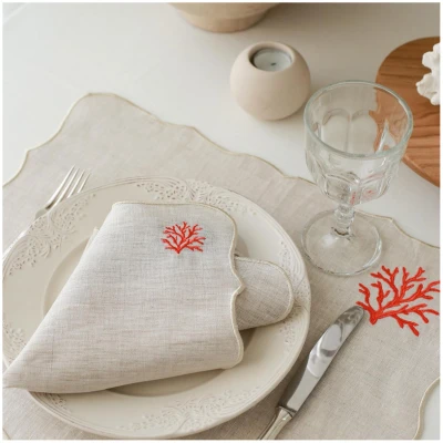 Linen Napkins Coral Embroidery (Set of 2)