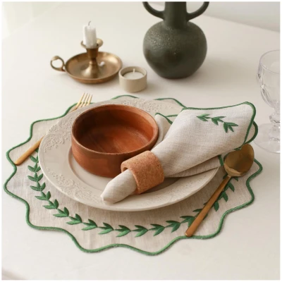 Linen Napkins Green Leaves (Set of 2)