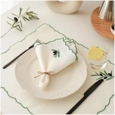 Linen Napkins Olive Embroidery (Set of 2)