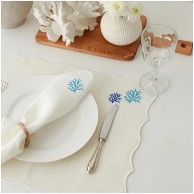 Linen Napkins Turquoise Coral Embroidery (Set of 2)