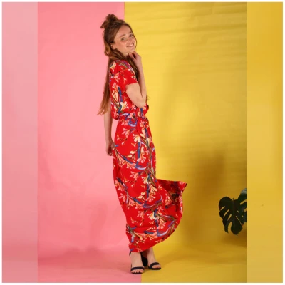 ManduTrap Damen vegan Rot Gemustertes Sommer Maxikleid Hanita