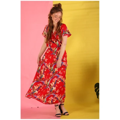 ManduTrap Damen vegan Rot Gemustertes Sommer Maxikleid Hanita