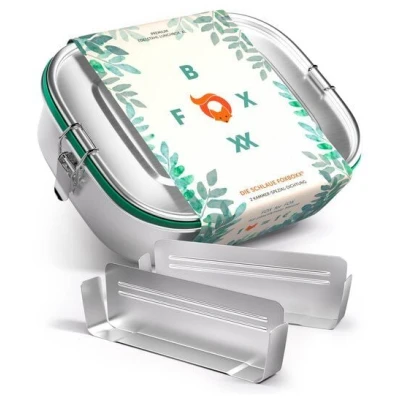ÖKO Edelstahl Brotdose FOXBOXX 2 Trenner | dicht | SmartClips + 5 Farb