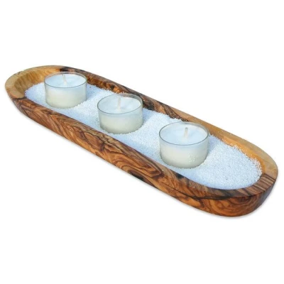 Olivenholz erleben Kerzenhalter-Set WELLNESS inkl. Sand & 3 Teelichtern