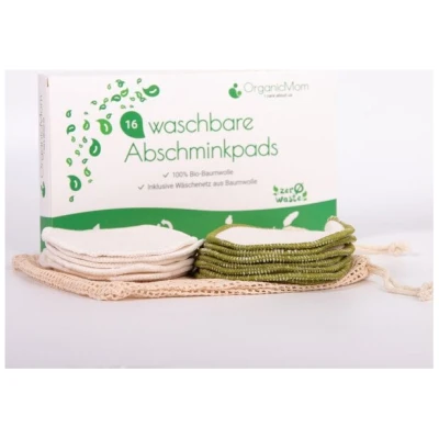 OrganicMom® 16 Bio-Baumwolle Abschminkpads waschbar in natur + grün inkl. Baumwollbeutel