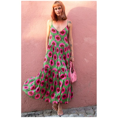 Poppy Field Damen vegan Maxikleid Dinas Rosa & Grün