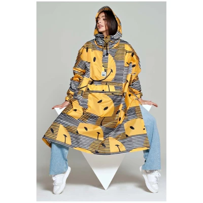 Rainkiss Damen vegan Poncho Sunset Smiley Schwarz & Gelb