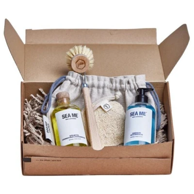 SEA ME Küchen Set mit Spülmittel, Handseife, Spülbürste & Spülschwamm | vegan | Mehrweg-Glas 250 ml