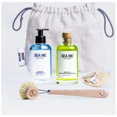 SEA ME Küchen Set mit Spülmittel, Handseife, Spülbürste & Spülschwamm | vegan | Mehrweg-Glas 250 ml