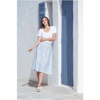 STORY OF MINE Damen vegan Midirock Gestreift Off White & Blau