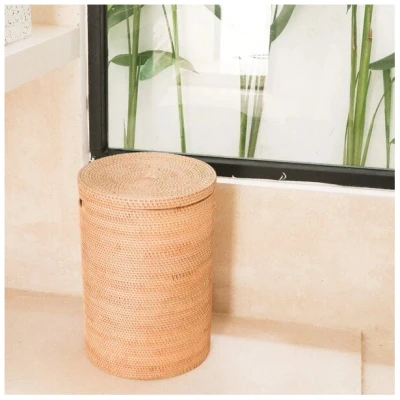 Soeji Wäschekorb mit Deckel, Aufbewahrungskorb aus Rattan SARI