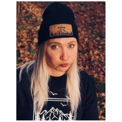 Soulcover Strickmütze Winter "Wild Nomad Mütz" Schwarz, veganes Leder, Bio-Baumwolle