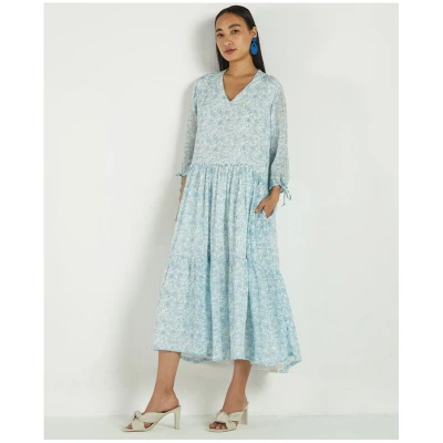 Tiered Floral Maxi Dress - White Blue