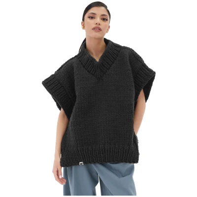 V-neck Poncho Sweater - Dark Grey