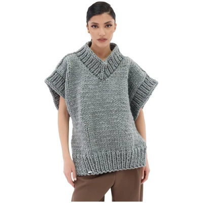 V-neck Poncho Sweater - Grey